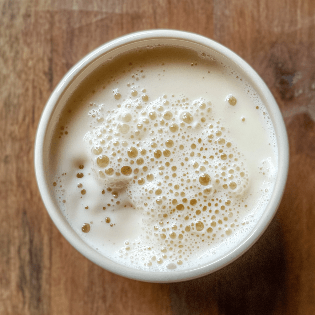 Close-up of frothy yeast mixture in a white ceramic bowl, surrounded by warm milk and sugar on a wooden countertop, highlighting the first step of making Swiss Gipfeli dough.