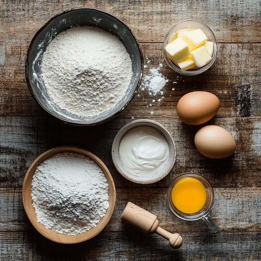 Overhead view of ingredients for Madeleine cookies with cream: flour, butter, heavy cream, eggs, vanilla extract, powdered sugar, arranged on a rustic wooden counter.