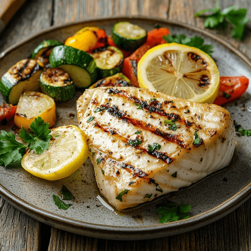 Grilled swordfish steak with lemon garlic sauce, served with grilled vegetables on a rustic wooden table.